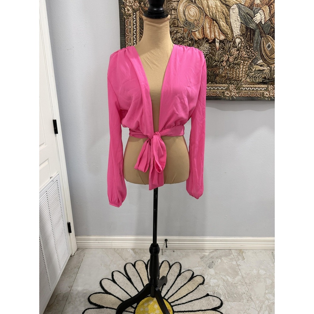 ChicMe Shirt Womens‎ Small Pink Tie Front Long Sleeve Crop Top Deep V Neck